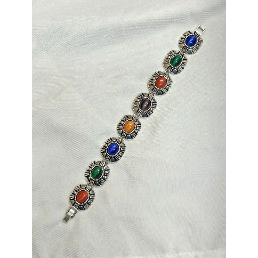 Silver Tone Link Bracelet Oval Shape Multicolor Sim. Cat's Eye Southwestern J374